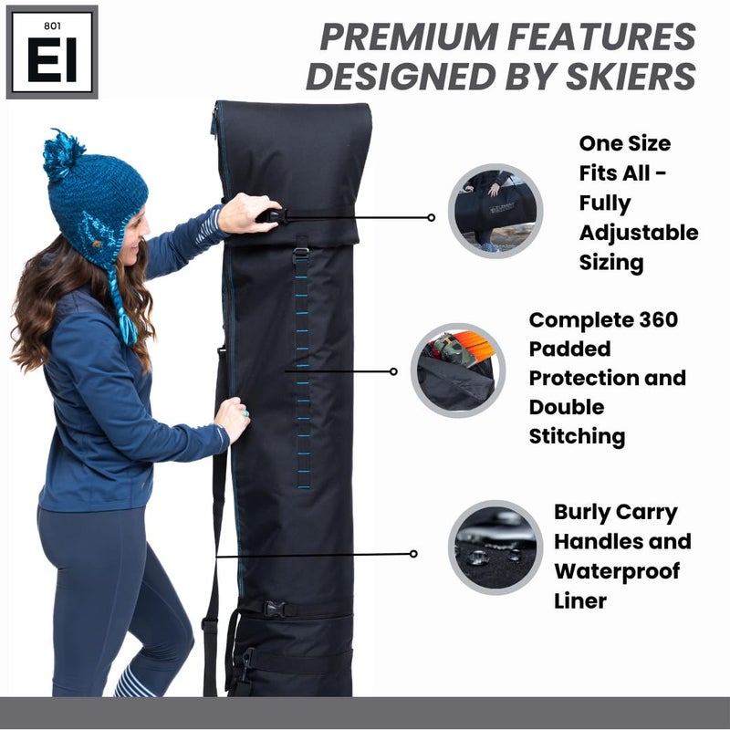 Element Equipment Padded Ski Bag Adjustable One Size Fits All Travel Ski Bag Black/Blue - Image 2